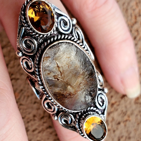 New Rough Golden Rutile and Citrine 925 Silver Statement Ring. - Picture 13 of 14